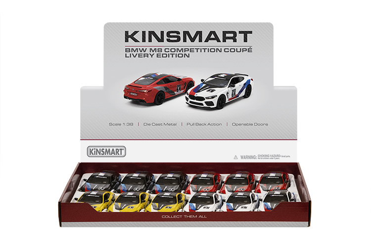 KINSMART – BMW M8 Competition Coupe Livery Edition – Modellino 12,5cm c/porte apribili In espo da 12pz (28x39cm) 4ass…x12…x48